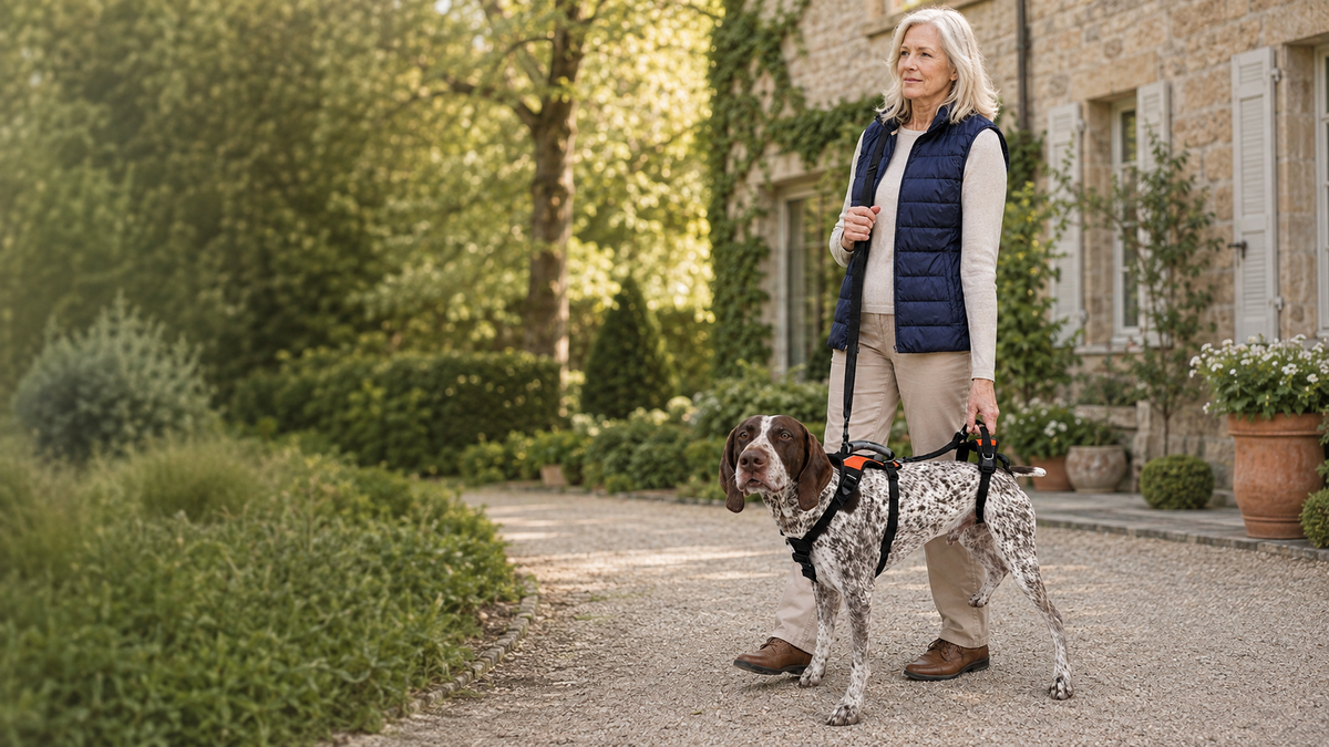 Chien senior accompagné avec le harnais ÉlanPattes