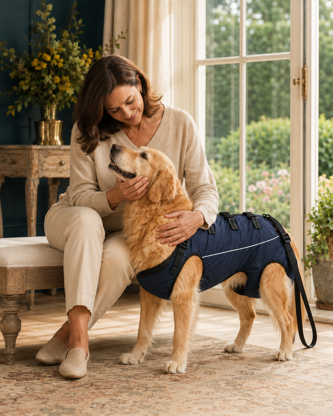 Un chien senior accompagné avec douceur par son propriétaire